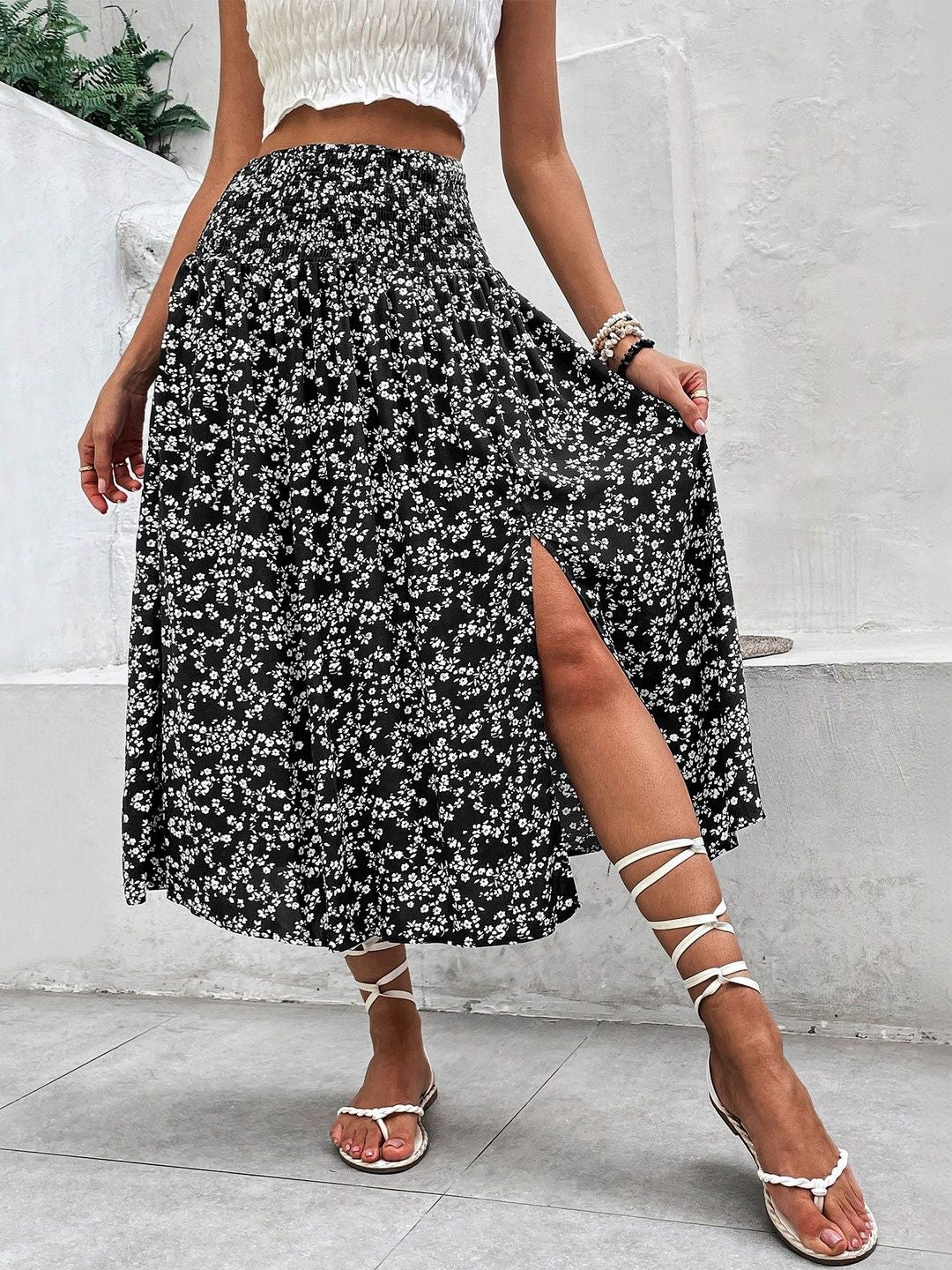 Printed Flared Cotton Skirts in Black - Nowi Korean Fashion