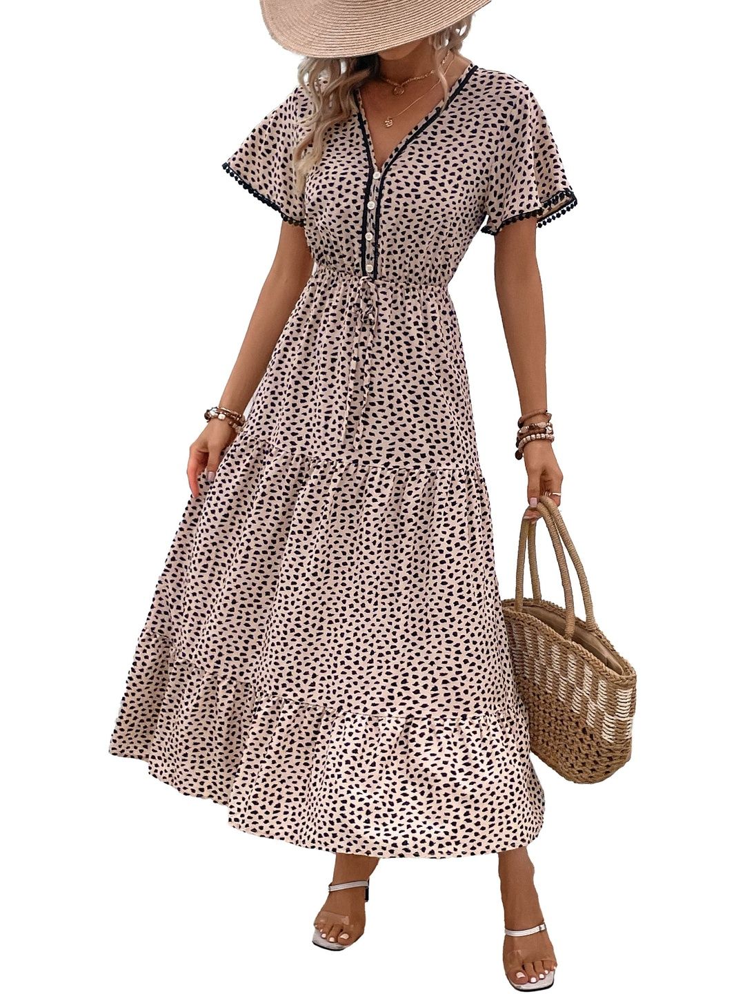 Polka Dot Print Ruffled Fit & Flare Midi Dress