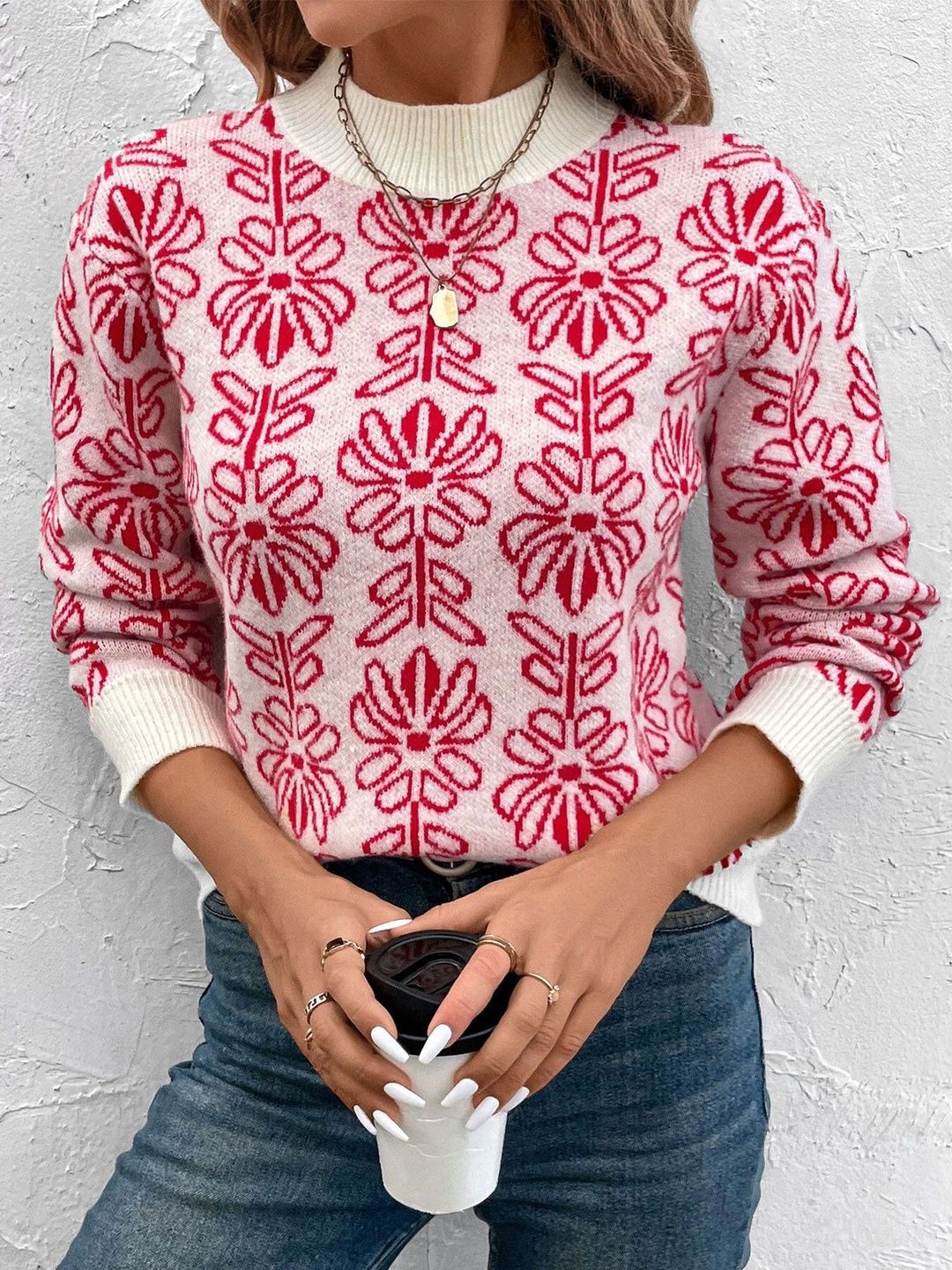 Floral Printed Pullover in White - Nowi Korean Fashion