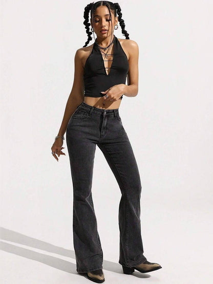 Bootcut High-Rise Light Fade Stretchable Jeans in Grey cotton Style 401 - Nowi Korean Fashion
