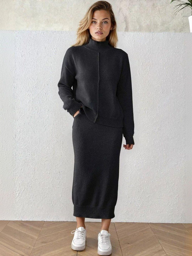 Knitted Solid Sweater with Skirt in Black - Nowi Korean Fashion