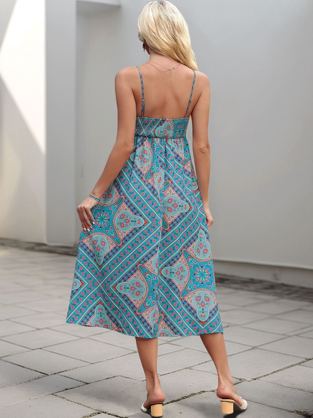 Bohemian Geometric Print Midi Dress with Belt