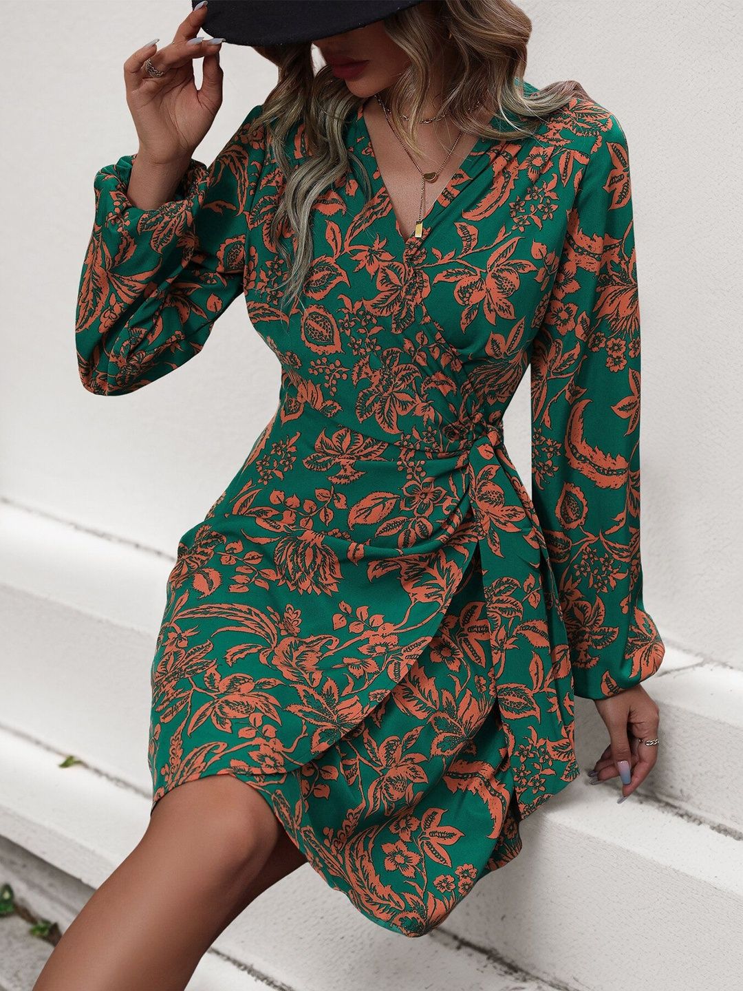 Women's Green Floral Print Dress Blend