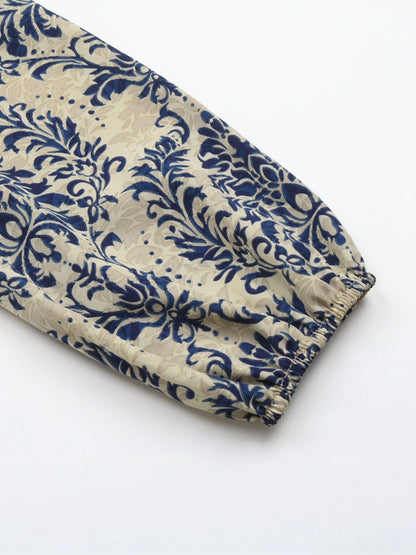 Women's Blue Floral Print Cotton Peplum Top