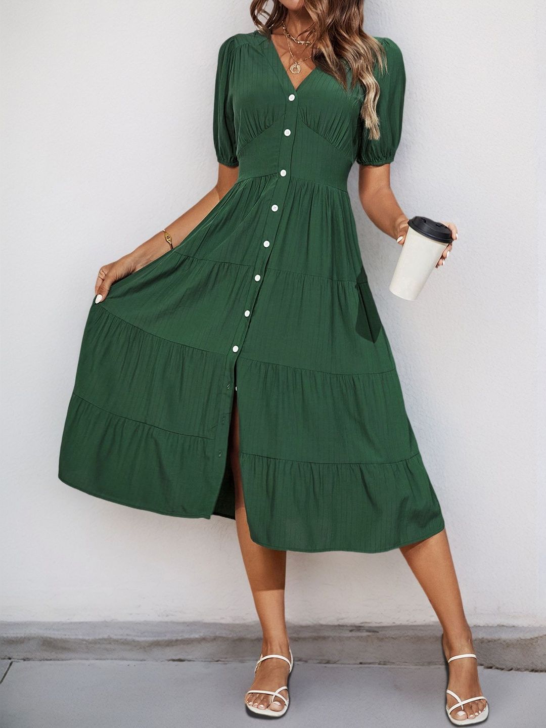 Puff Sleeve Fit & Flare Midi Dress in Green cotton Style 536 - Nowi Korean Fashion