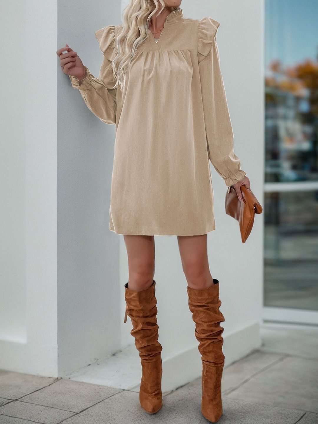 Women's Beige Flared Sleeve Ruffled Dress