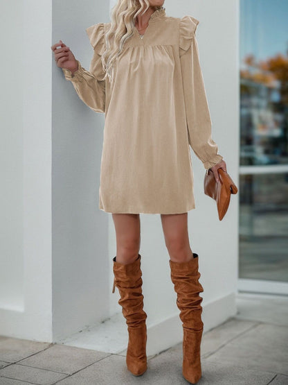 Women's Beige Flared Sleeve Ruffled Dress