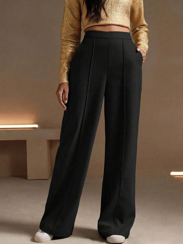 Straight Fit High-Rise Trousers in Black polyester - Nowi Korean Fashion