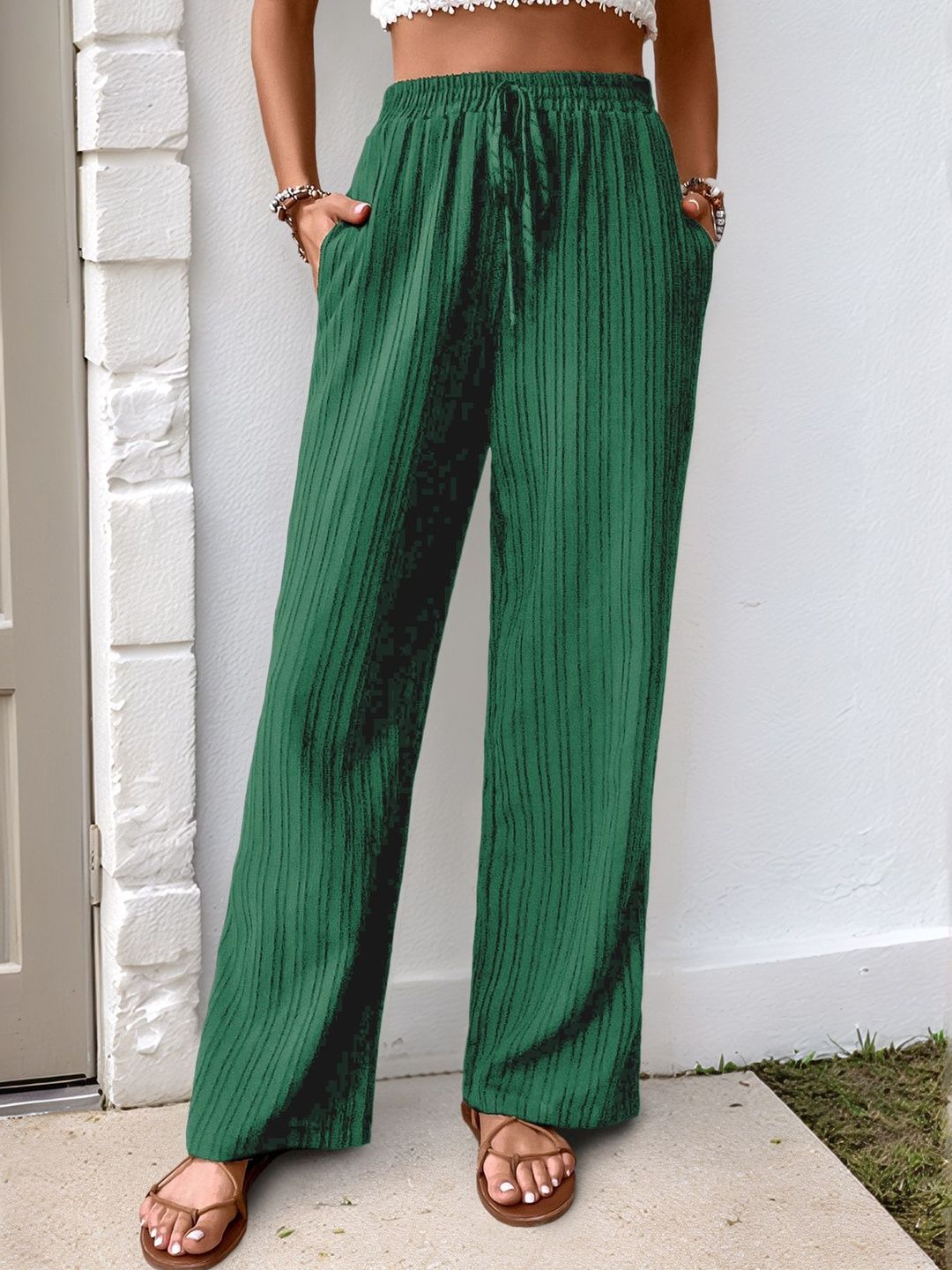 Women Textured Loose Fit Non Iron Trousers