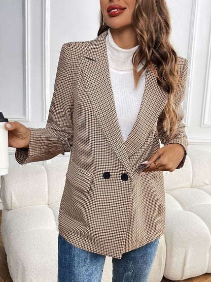 Women's Beige Checked Comfort Fit Double-Breasted Blazer