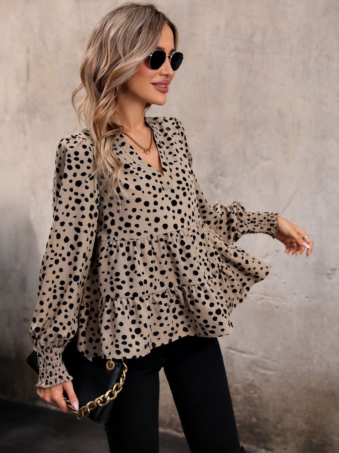 Women's Beige Animal Print Bishop Sleeves Peplum Top