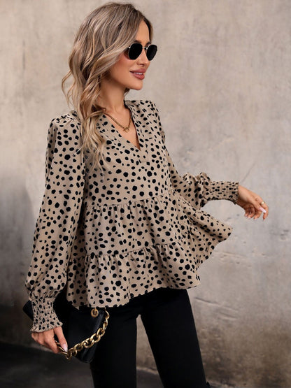 Women's Beige Animal Print Bishop Sleeves Peplum Top
