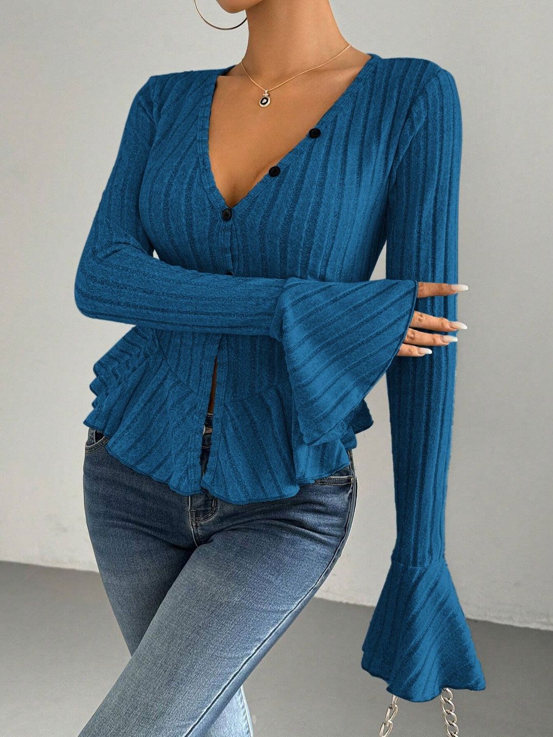 NOWI Bell Sleeve Ruffles Cotton Peplum Top