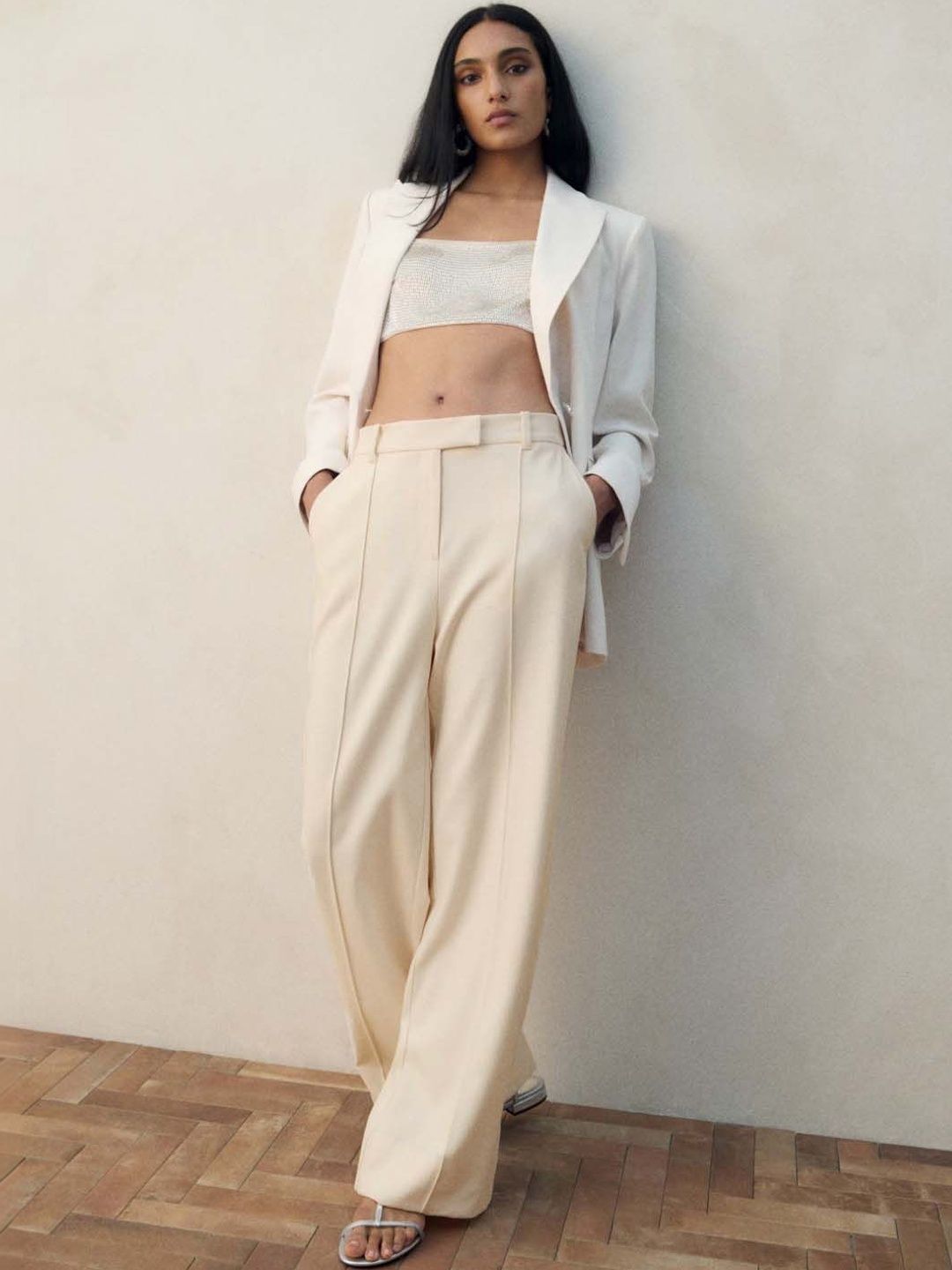 Straight Fit Trousers in Beige polyester - Nowi Korean Fashion