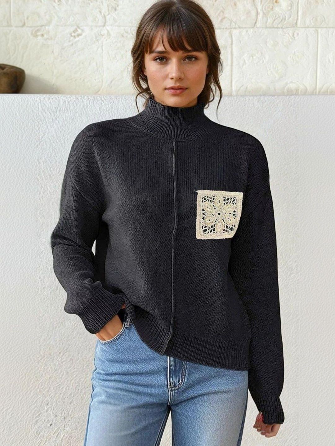 Pullover with Embroidered Detail in Black acrylic - Nowi Korean Fashion