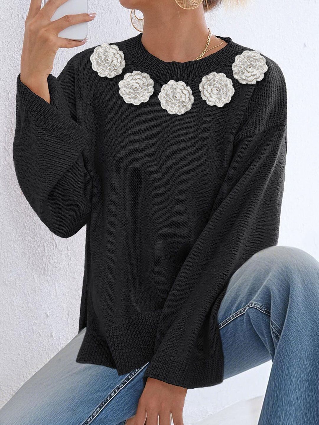 Pullover with Embellished Detail in Black acrylic - Nowi Korean Fashion