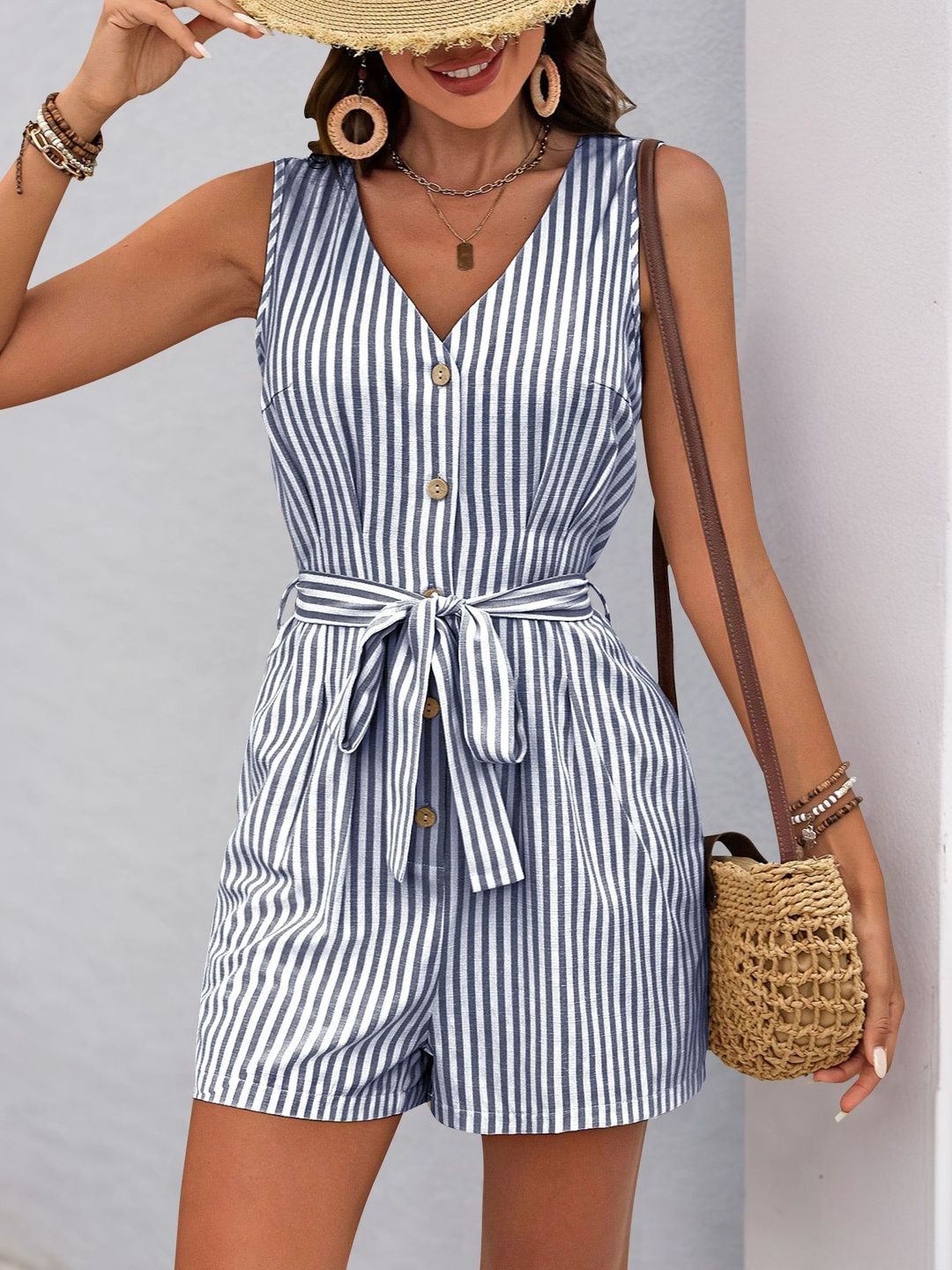 Striped Jumpsuit - Nowi Korean Fashion