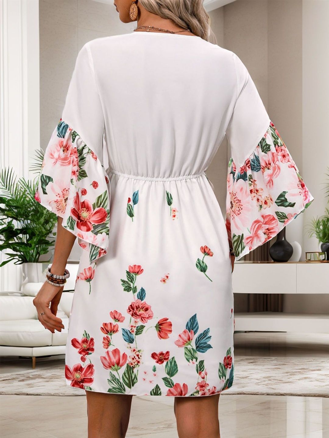 Floral Print Flared Sleeve Fit & Flare Dress