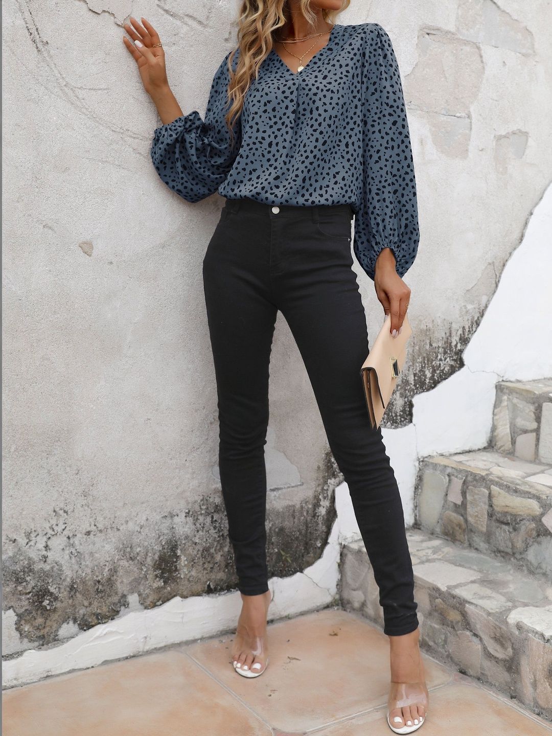 Animal Print Puff Sleeve Top in Blue - Nowi Korean Fashion