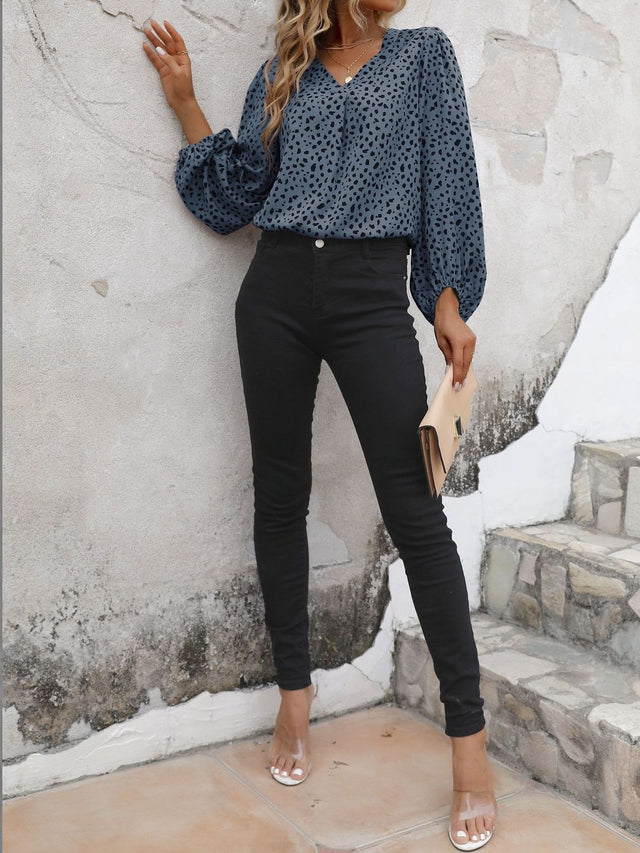 Animal Print Puff Sleeve Top in Blue - Nowi Korean Fashion