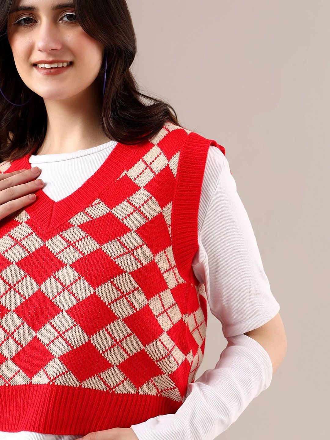 NOWI Women Argyle Printed Woollen Crop Sweater Vest