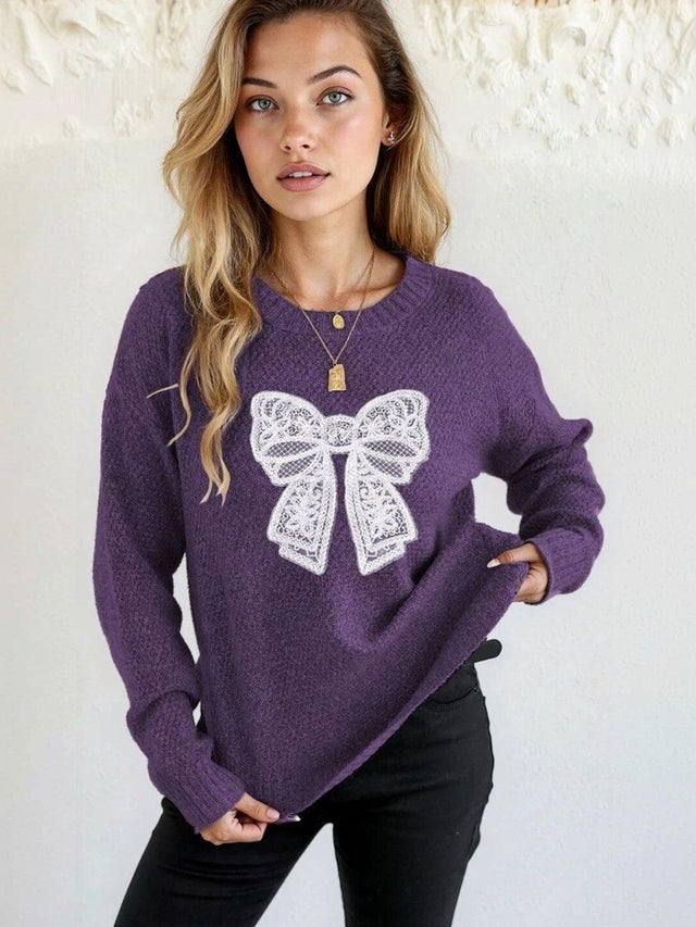 Pullover with Applique Detail in Purple acrylic Long Sleeve - Nowi Korean Fashion