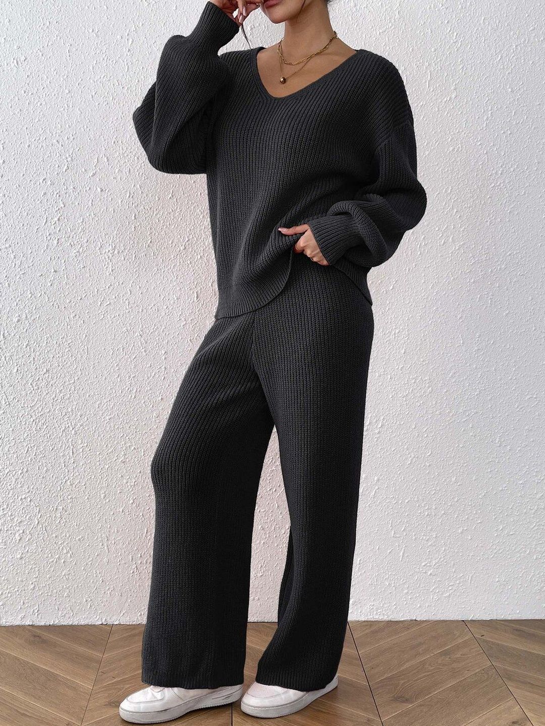 Black Knitted Sweater and Trousers Set