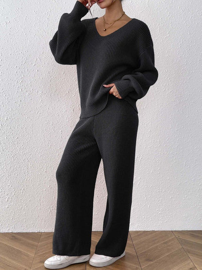 Black Knitted Sweater and Trousers Set