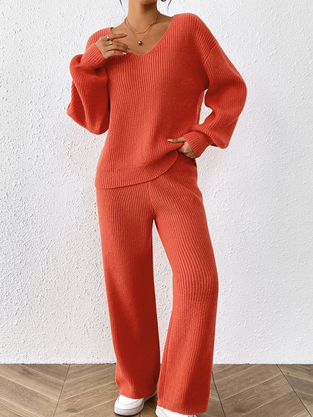 Orange Knitted V-Neck Sweater with Trousers