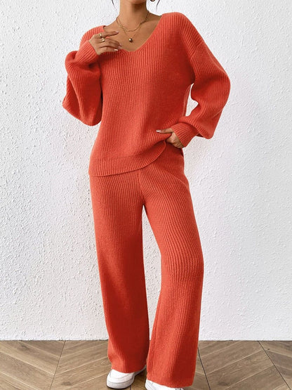 Orange Knitted V-Neck Sweater with Trousers