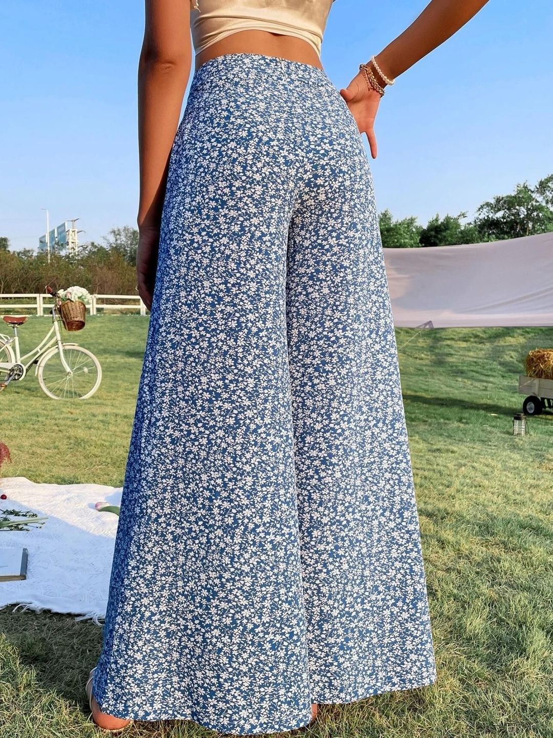 Women Floral High-Rise Flared Wide Leg Trousers
