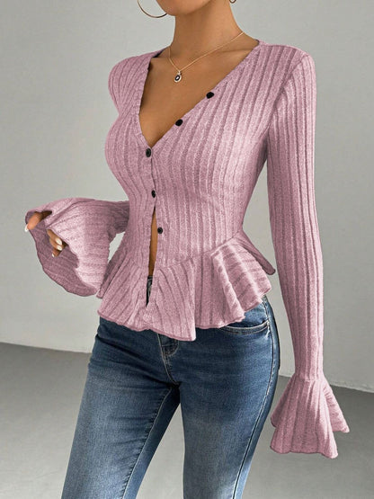 Women's Pink Bell Sleeve Ruffles Cotton Peplum Top