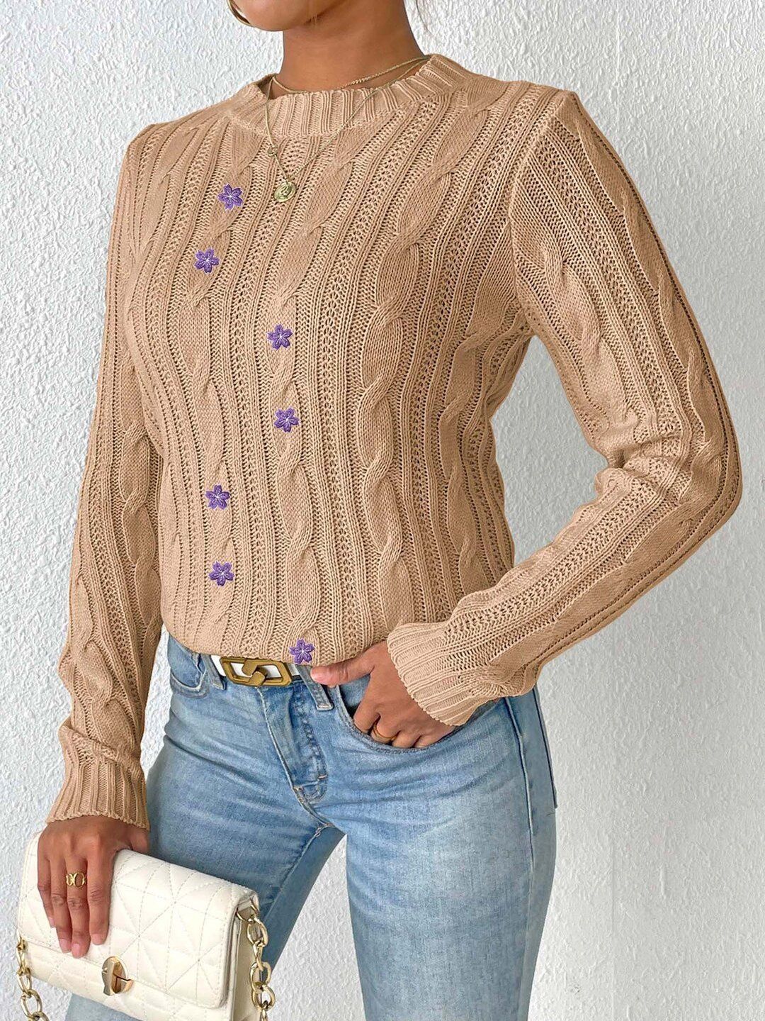 Women Cable Knit Pullover with Embroidered Detail