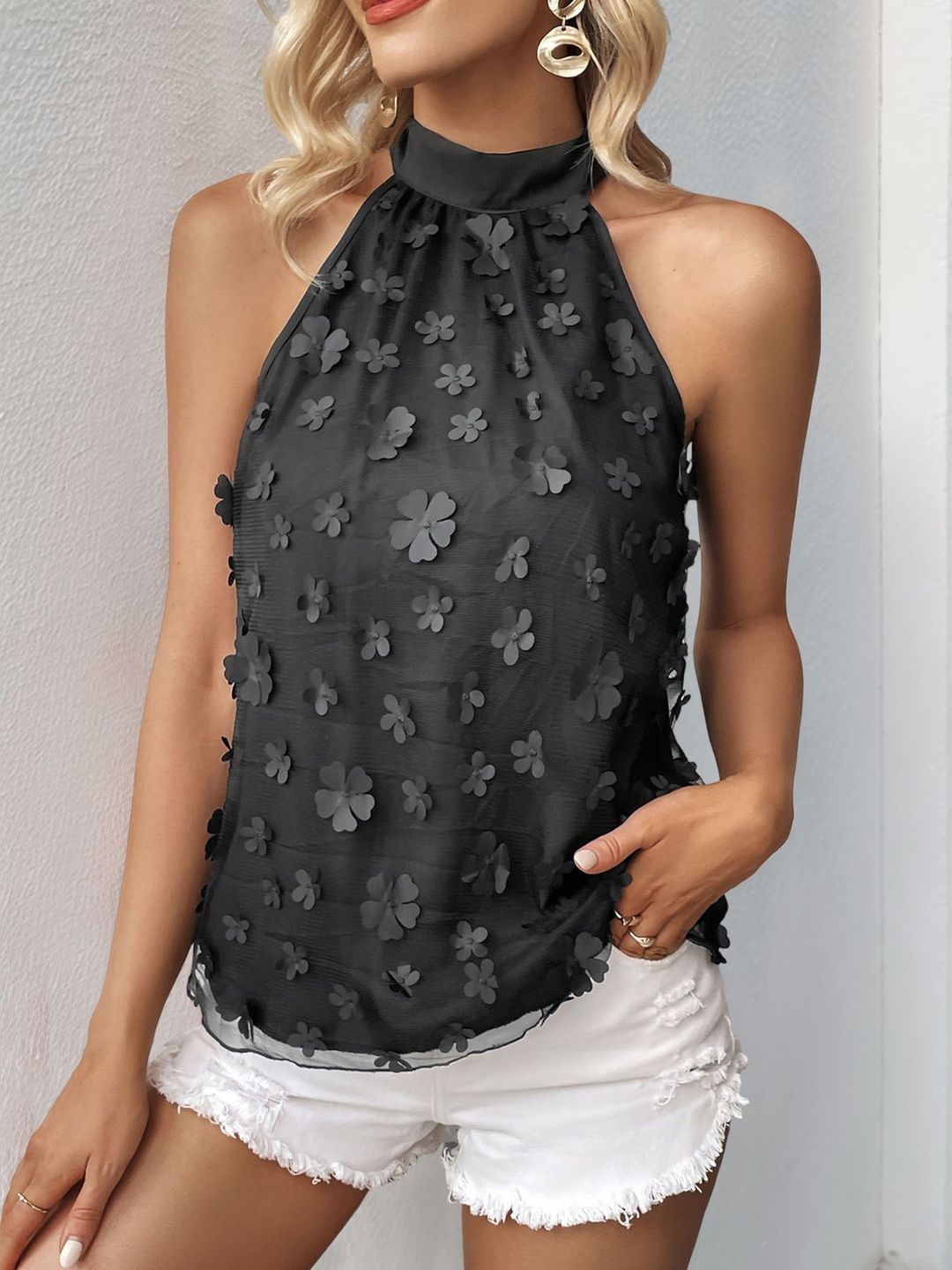 Embellished Halter Neck Applique Top in Black polyester - Nowi Korean Fashion