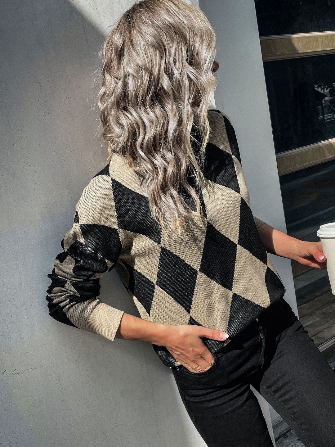 Women's Black Argyle Colourblocked Pullover