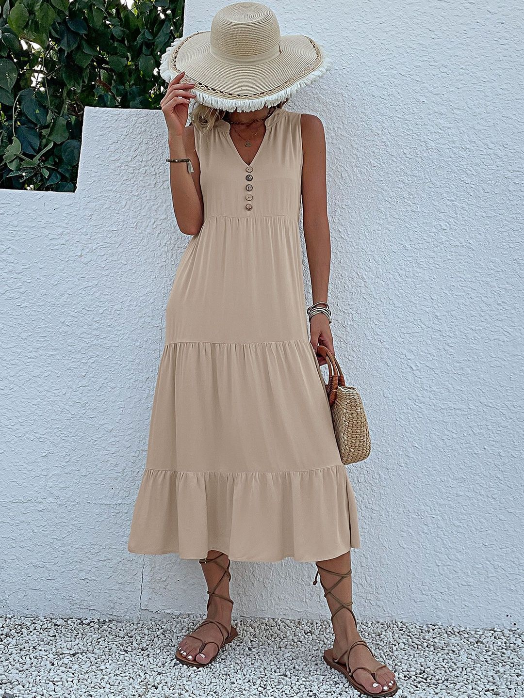 A-Line Midi Dress in Beige polyester - Nowi Korean Fashion