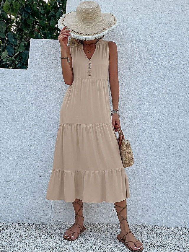 A-Line Midi Dress in Beige polyester - Nowi Korean Fashion
