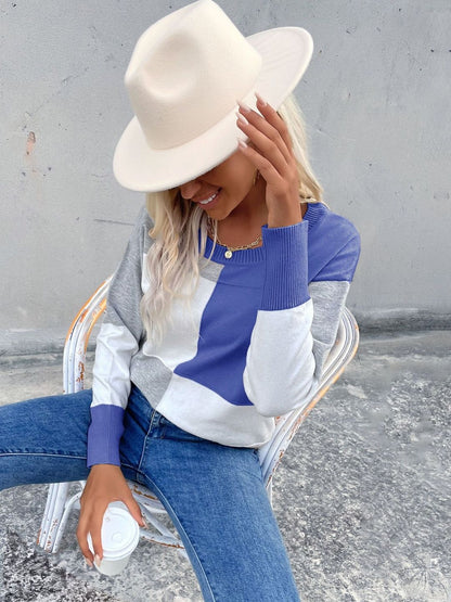Women's Blue Colourblocked Pullover Blend