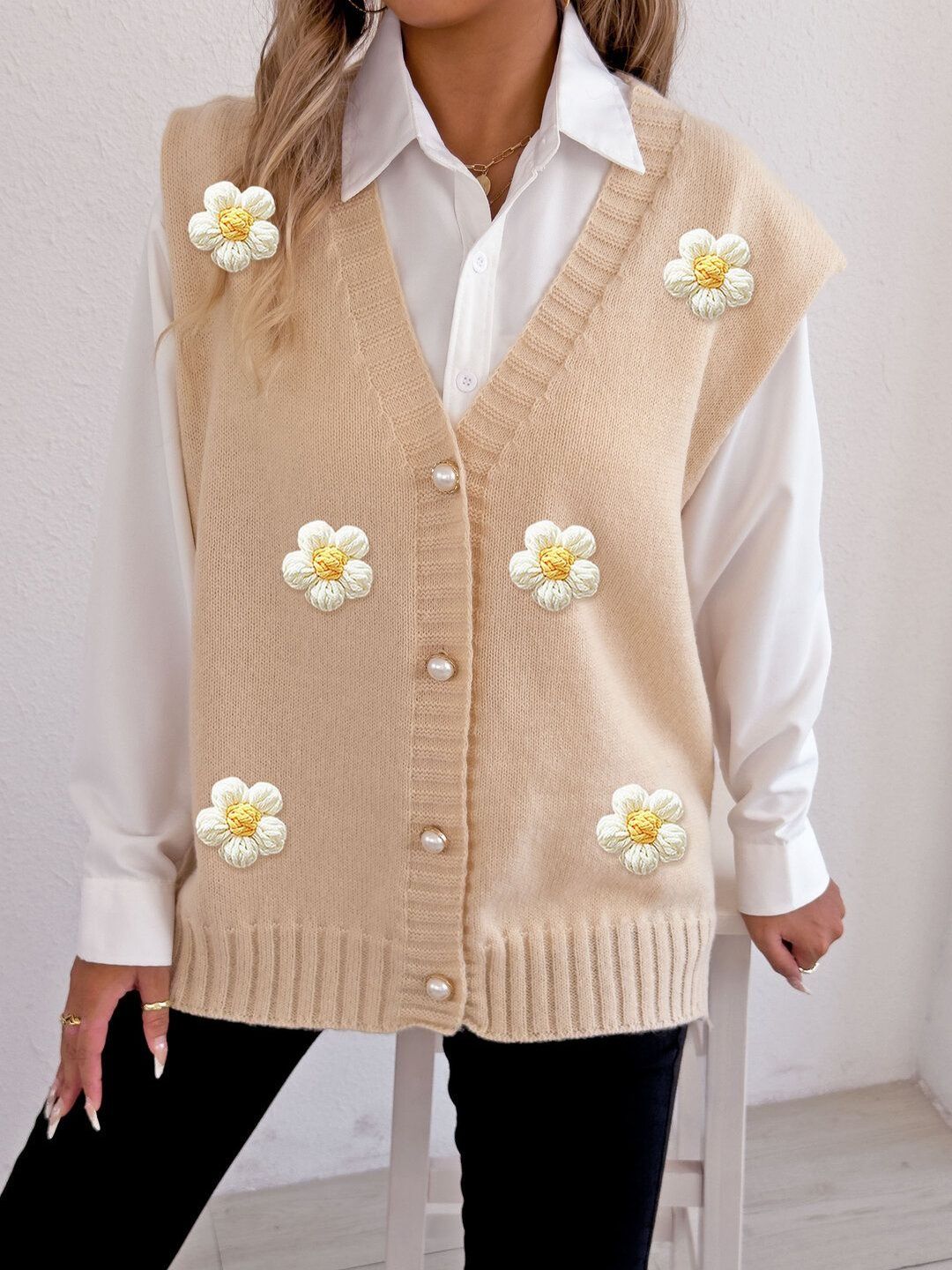Women Sweater Vest with Applique Detail