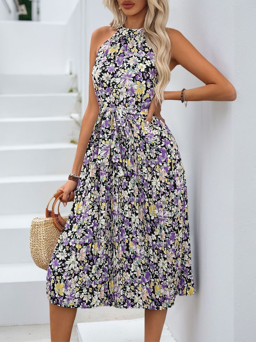 Floral Print Halter Neck Fit & Flare Midi Dress