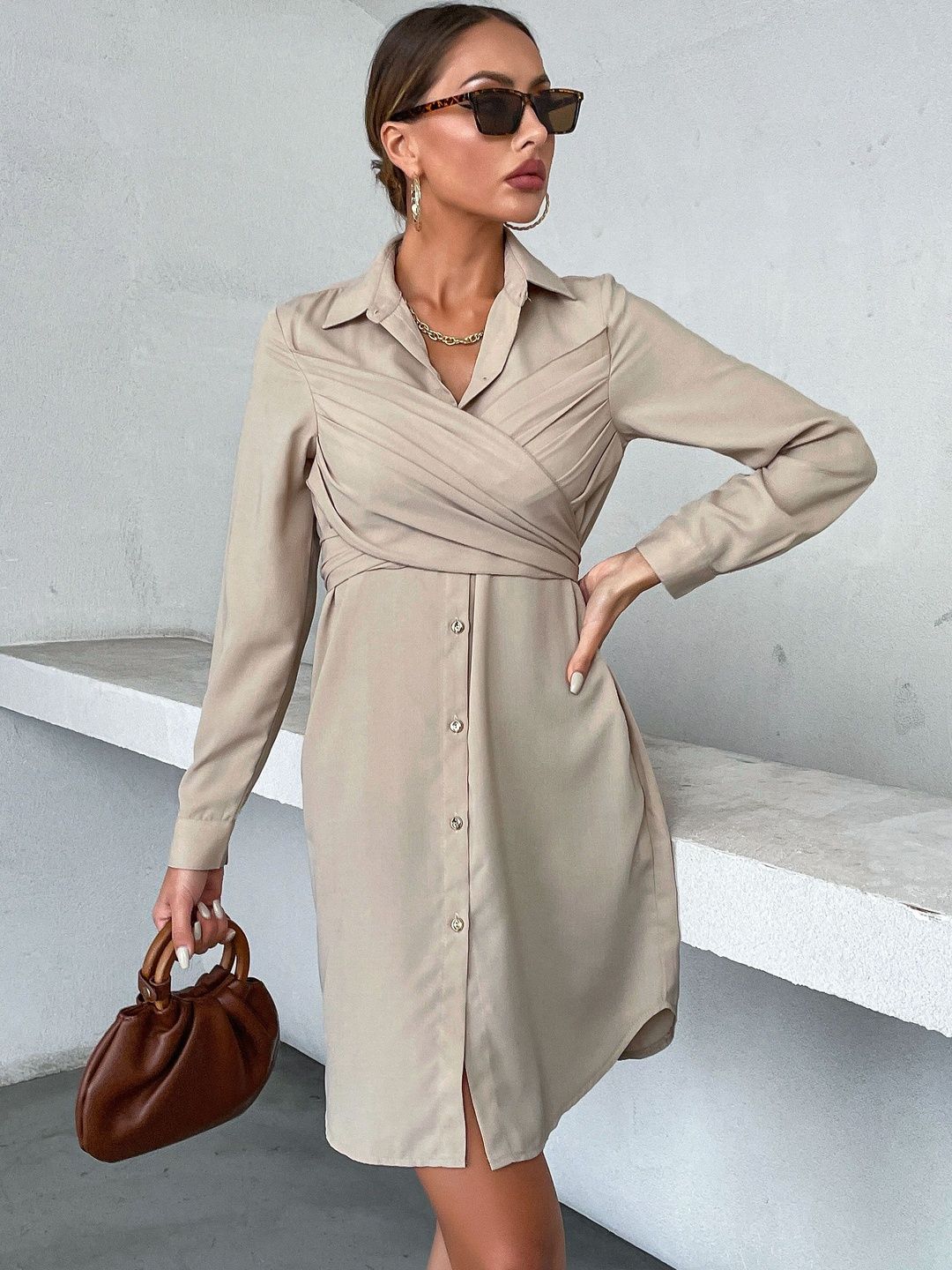Women's Beige Shirt Dress Blend Printed Regular Fit