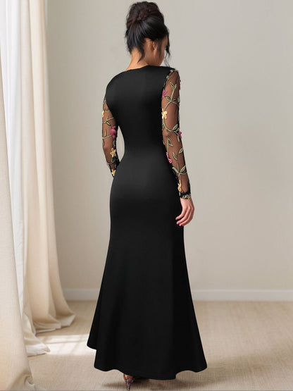 Women's Black Floral Embroidered Sheath Maxi Dress