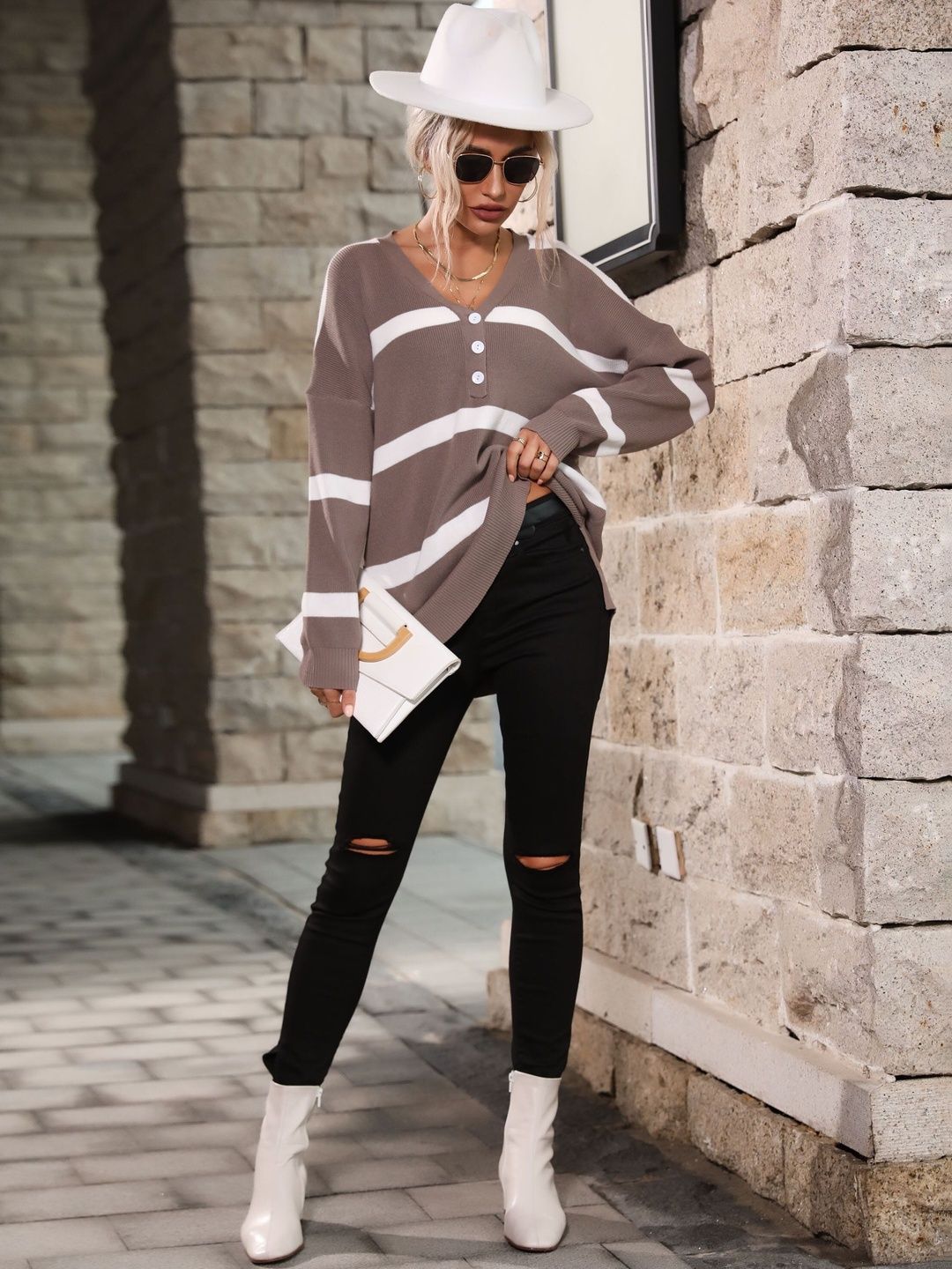 Women's Brown Acrylic Striped Sweater