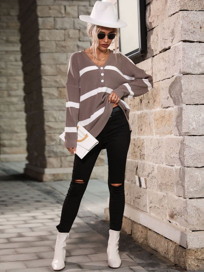 Women's Brown Acrylic Striped Sweater