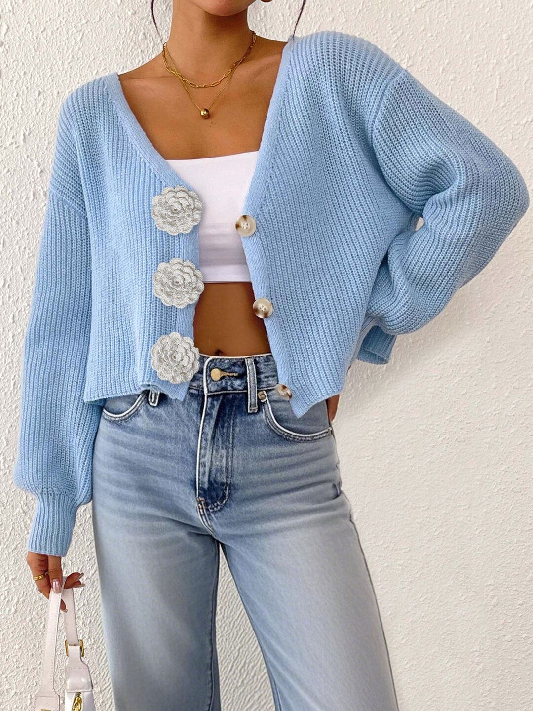 Women Ribbed Crop Cardigan with Embellished Detail