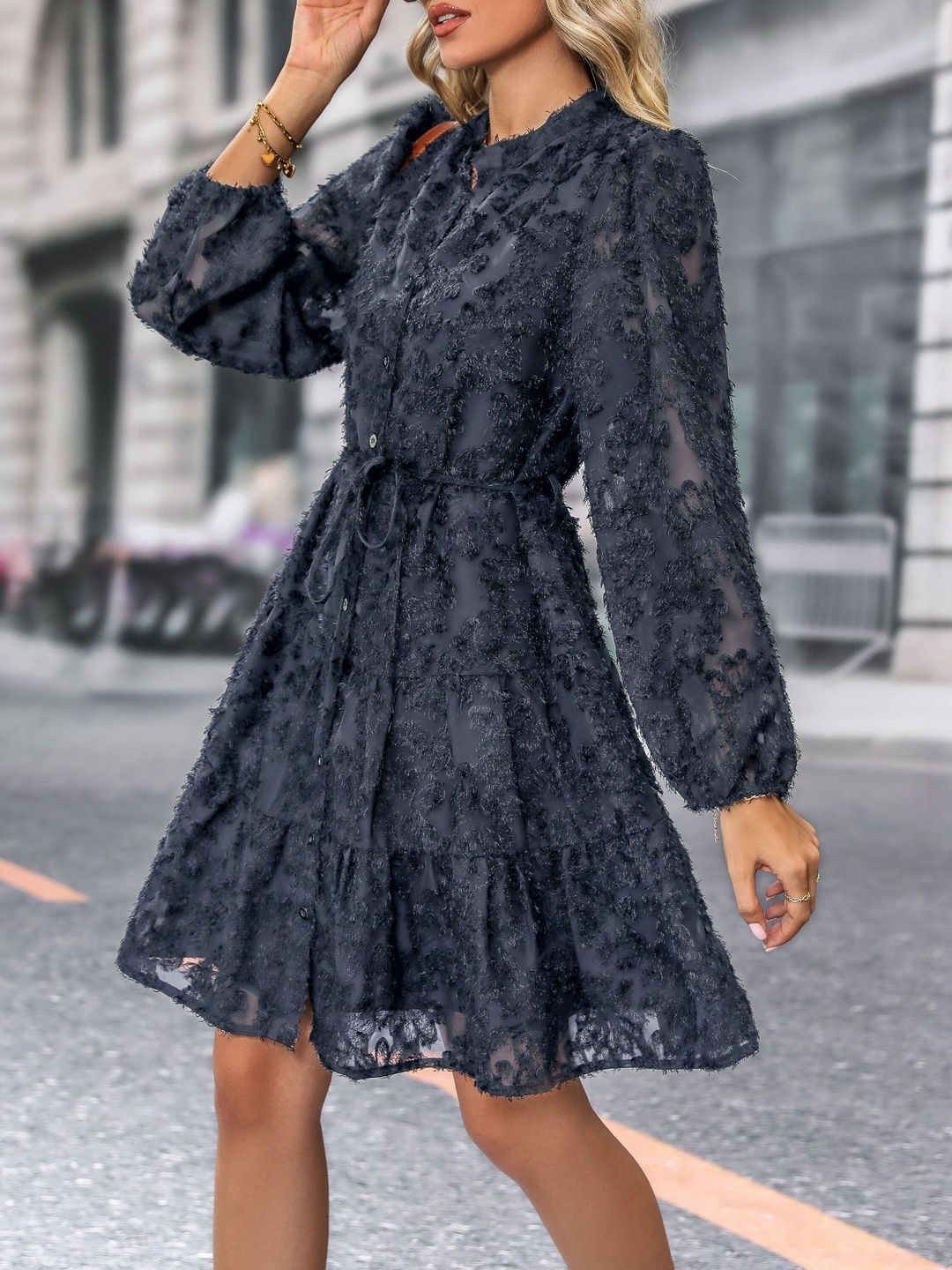 Women's Black Puff Sleeve A-Line Dress Blend Printed