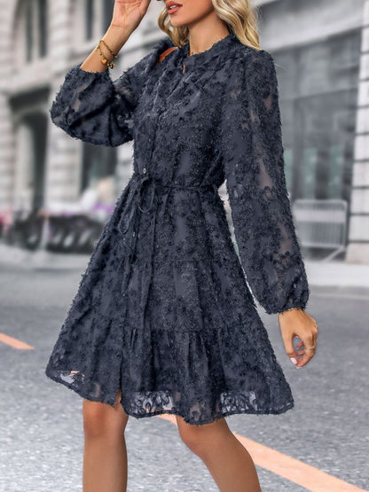 Women's Black Puff Sleeve A-Line Dress Blend Printed