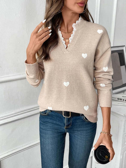 Printed V-Neck Pullover in Beige acrylic - Nowi Korean Fashion