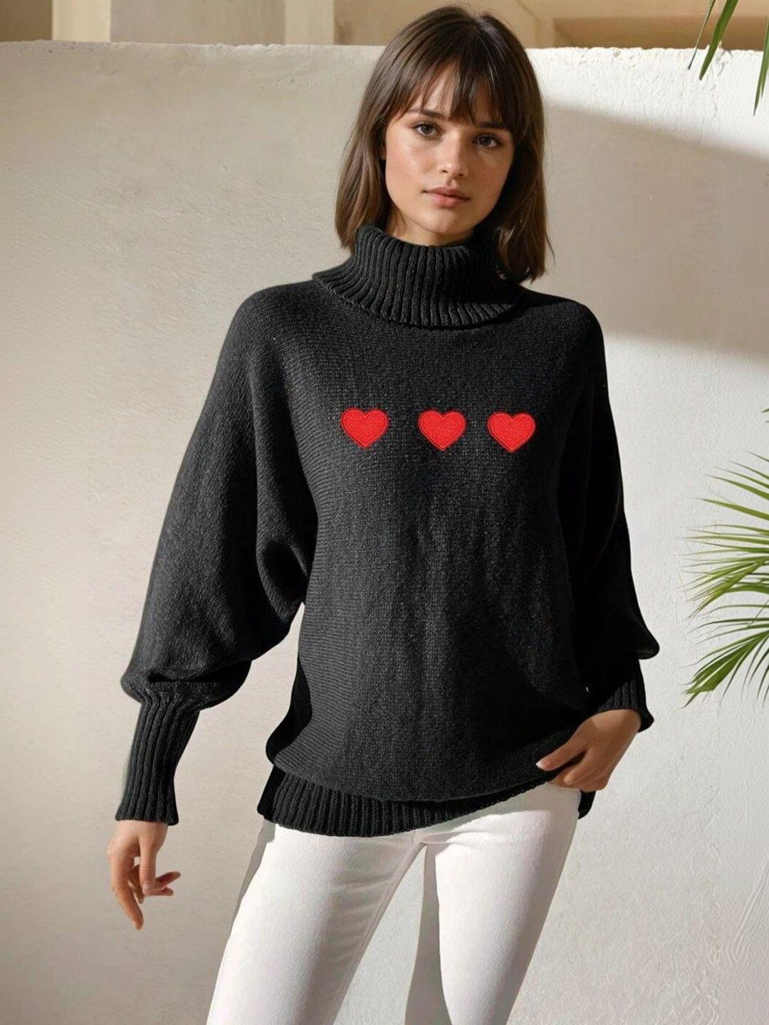 Printed Pullover with Embroidered Detail in Black acrylic - Nowi Korean Fashion