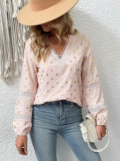 Women's Pink Polka Dot Print Bishop Sleeves Top